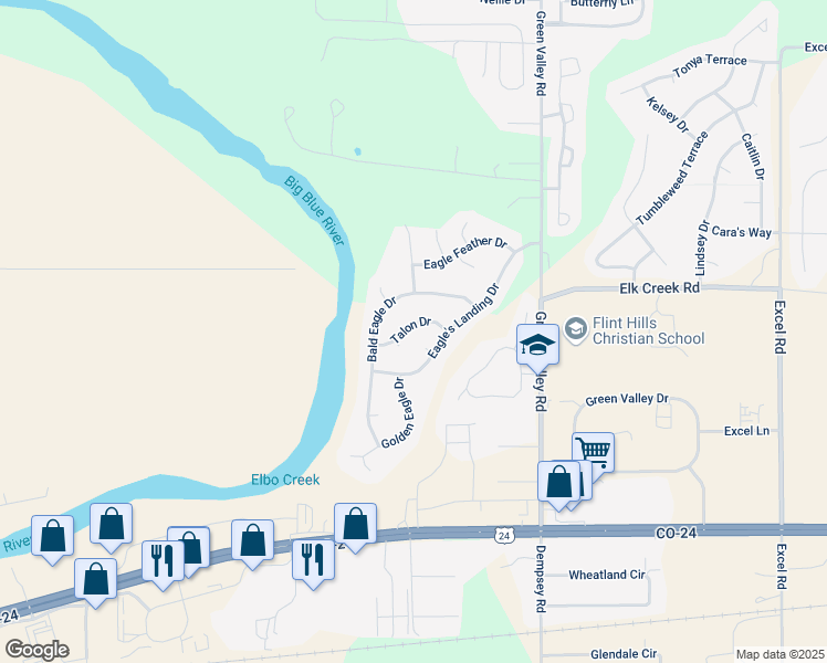 map of restaurants, bars, coffee shops, grocery stores, and more near 8622 Talon Drive in Manhattan