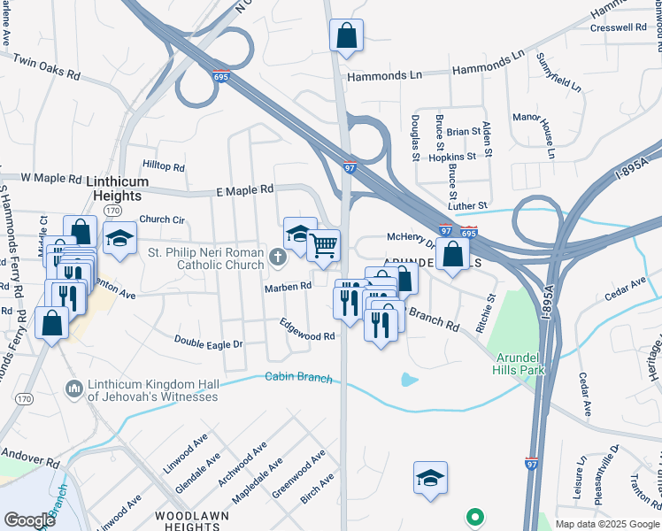 map of restaurants, bars, coffee shops, grocery stores, and more near 342 Schulamar Road in Linthicum Heights