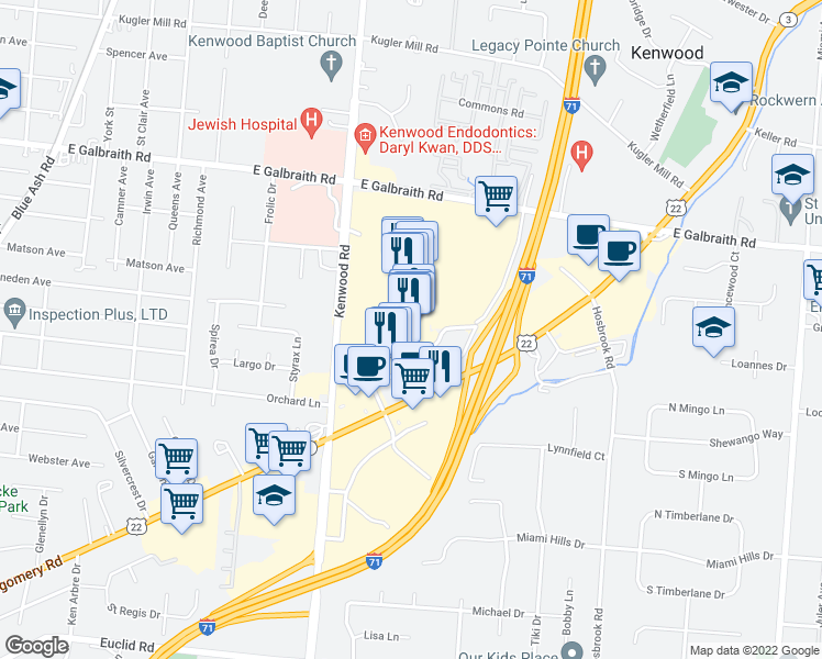 map of restaurants, bars, coffee shops, grocery stores, and more near 7875 Montgomery Road in Cincinnati