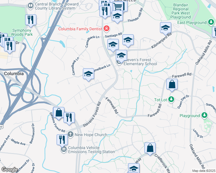 map of restaurants, bars, coffee shops, grocery stores, and more near 6128 Stevens Forest Road in Columbia
