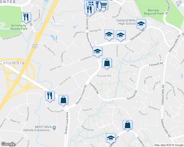 map of restaurants, bars, coffee shops, grocery stores, and more near 6128 Stevens Forest Road in Columbia