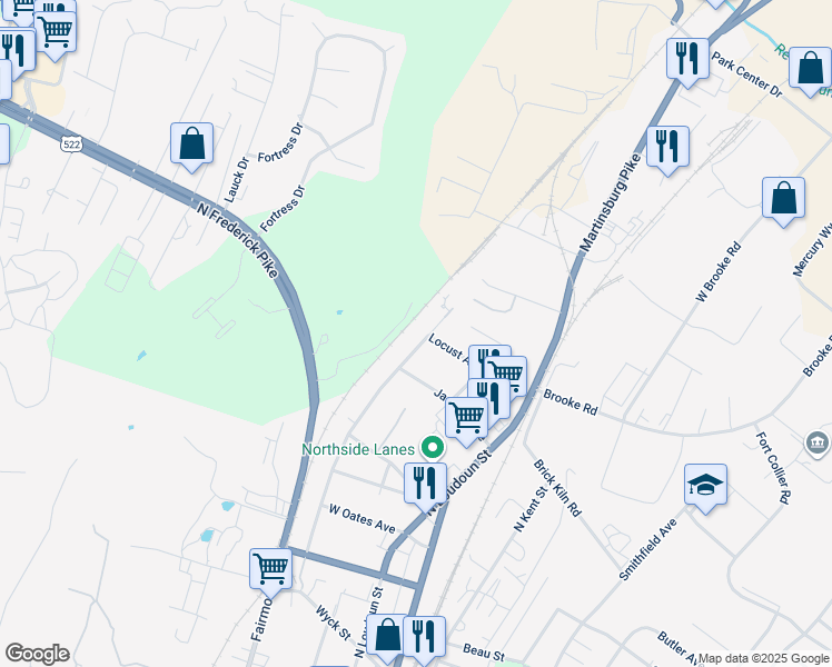 map of restaurants, bars, coffee shops, grocery stores, and more near 1001 Pennsylvania Avenue in Winchester