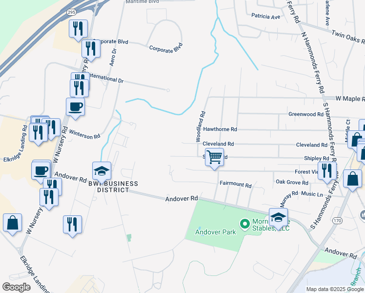 map of restaurants, bars, coffee shops, grocery stores, and more near 627 Cleveland Road in Linthicum Heights