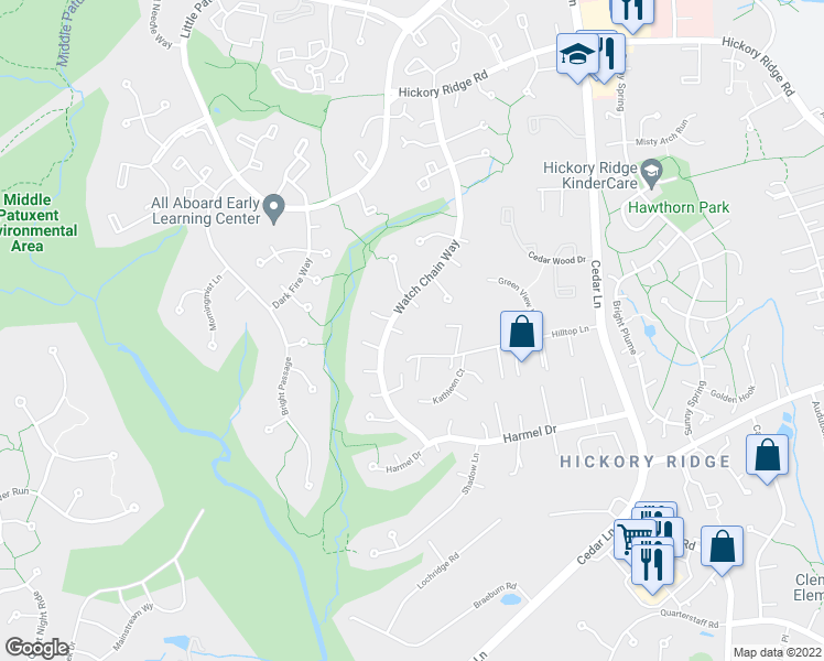 map of restaurants, bars, coffee shops, grocery stores, and more near 6109 Stem Winder Court in Columbia