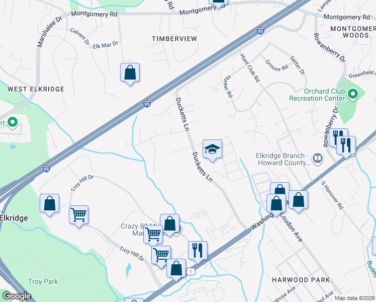 map of restaurants, bars, coffee shops, grocery stores, and more near 6105 Kyle Leaf Court in Elkridge