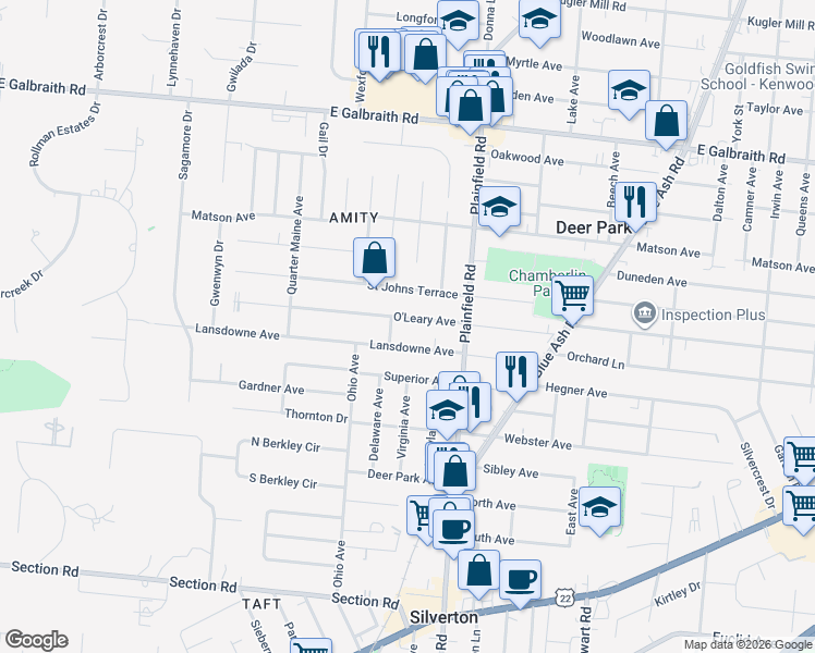 map of restaurants, bars, coffee shops, grocery stores, and more near 4017 O'Leary Avenue in Cincinnati