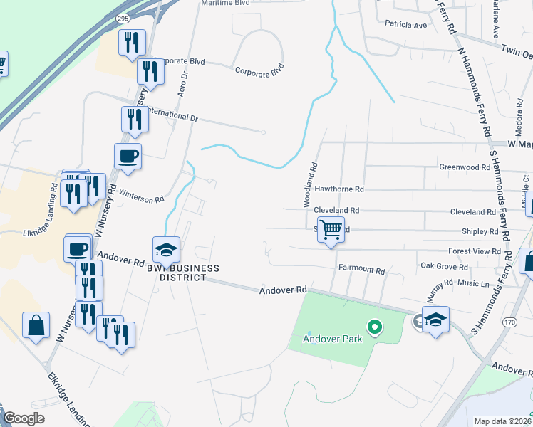 map of restaurants, bars, coffee shops, grocery stores, and more near 636 Cleveland Road in Linthicum Heights