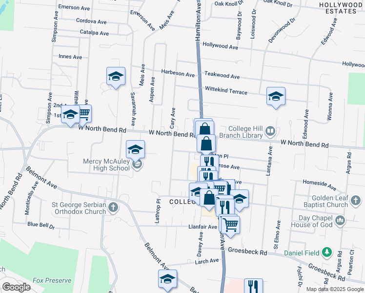 map of restaurants, bars, coffee shops, grocery stores, and more near 1637 West North Bend Road in Cincinnati