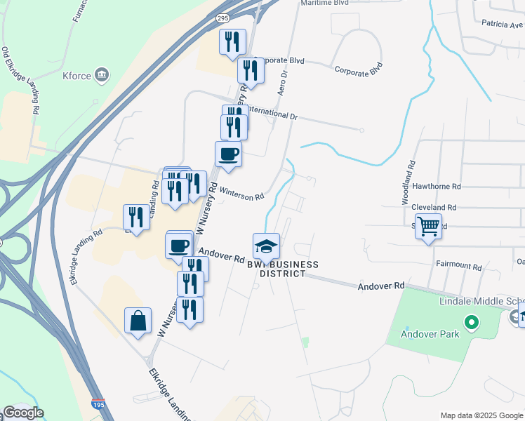 map of restaurants, bars, coffee shops, grocery stores, and more near 1171 Winterson Road in Linthicum Heights