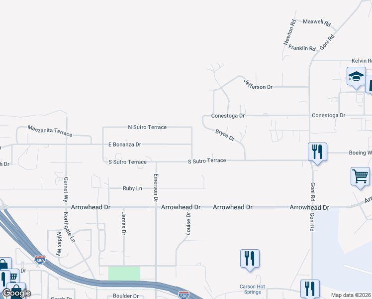 map of restaurants, bars, coffee shops, grocery stores, and more near 869 East Bonanza Drive in Carson City