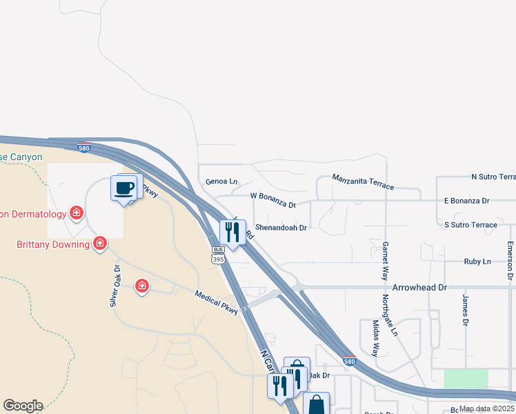 map of restaurants, bars, coffee shops, grocery stores, and more near 1072 Shenandoah Drive in Carson City