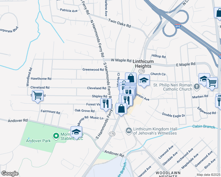 map of restaurants, bars, coffee shops, grocery stores, and more near 309 South Hammonds Ferry Road in Linthicum Heights