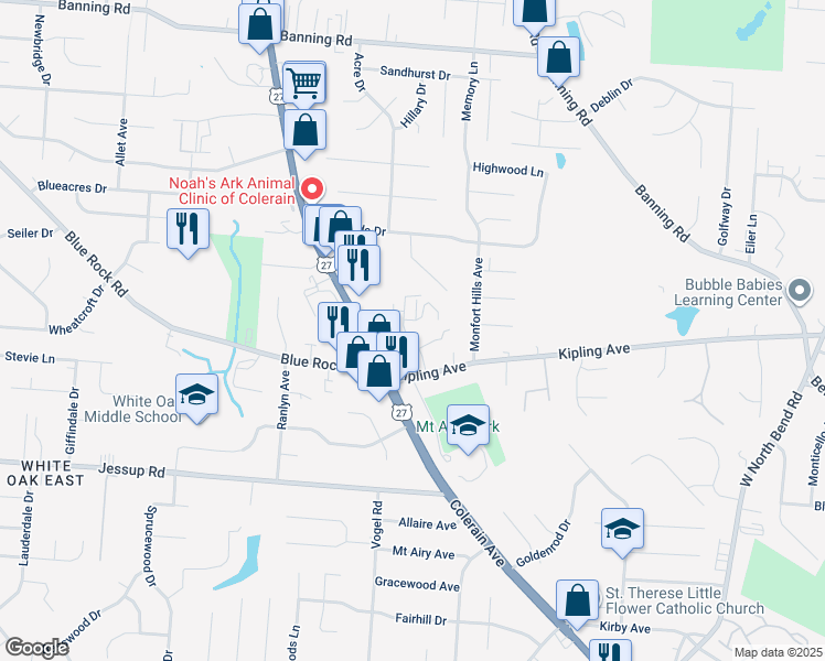 map of restaurants, bars, coffee shops, grocery stores, and more near 5848 Shadymist Lane in Cincinnati