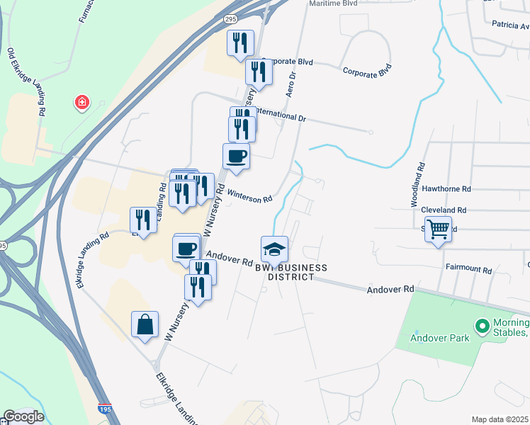 map of restaurants, bars, coffee shops, grocery stores, and more near 1171 Winterson Road in Linthicum Heights