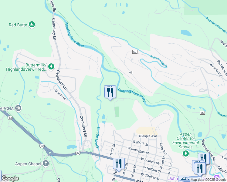 map of restaurants, bars, coffee shops, grocery stores, and more near 870 Meadows Road in Aspen