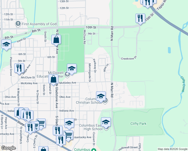map of restaurants, bars, coffee shops, grocery stores, and more near 360 Parkway Drive in Columbus