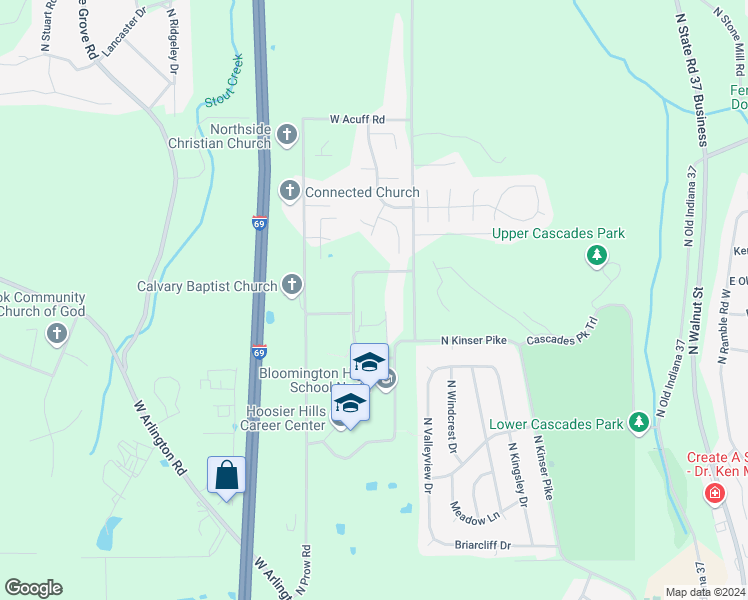 map of restaurants, bars, coffee shops, grocery stores, and more near 3901 North Kinser Pike in Bloomington