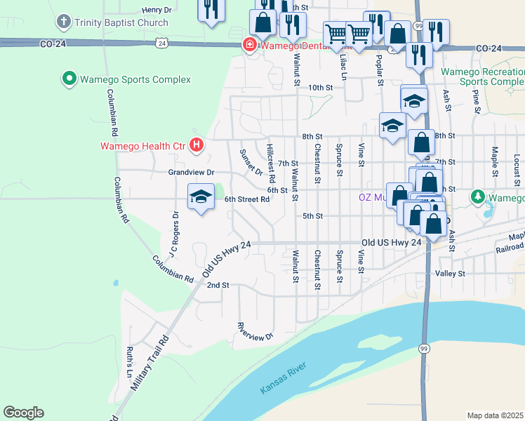 map of restaurants, bars, coffee shops, grocery stores, and more near 506 Sycamore Drive in Wamego
