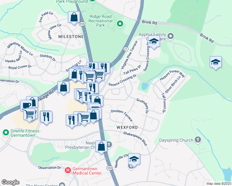 map of restaurants, bars, coffee shops, grocery stores, and more near 20910 Scarlet Leaf Terrace in Germantown