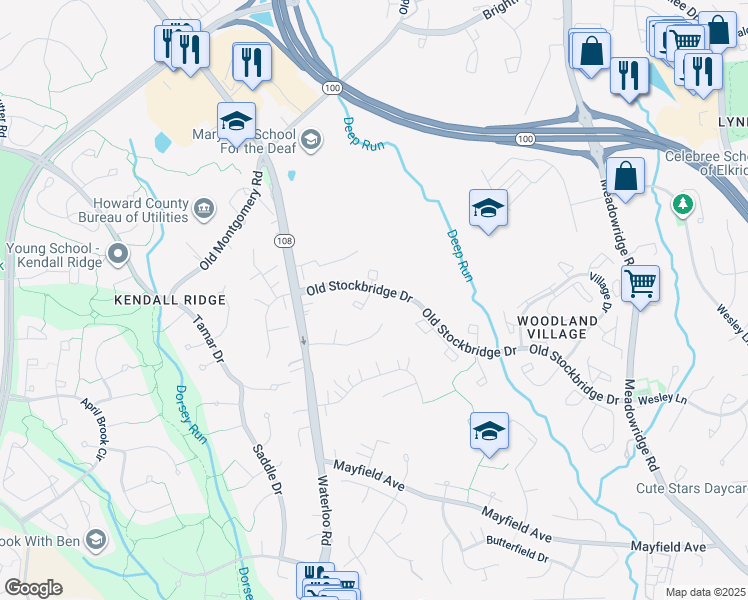 map of restaurants, bars, coffee shops, grocery stores, and more near 8205 Tall Trees Court in Ellicott City