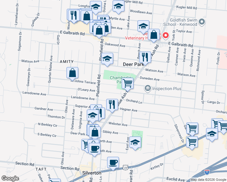 map of restaurants, bars, coffee shops, grocery stores, and more near 4144 O'Leary Avenue in Cincinnati