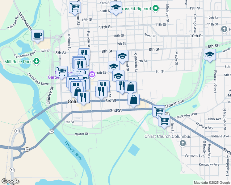 map of restaurants, bars, coffee shops, grocery stores, and more near 333 Pearl Street in Columbus