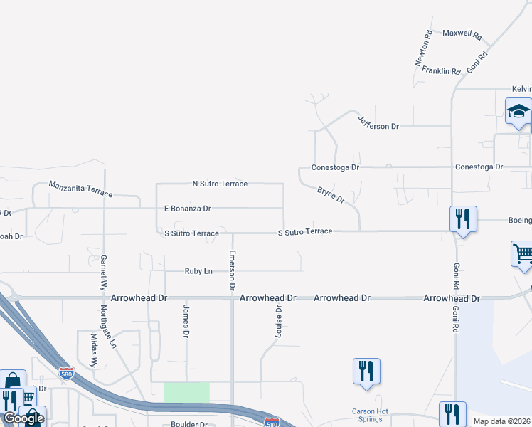 map of restaurants, bars, coffee shops, grocery stores, and more near 869 East Bonanza Drive in Carson City