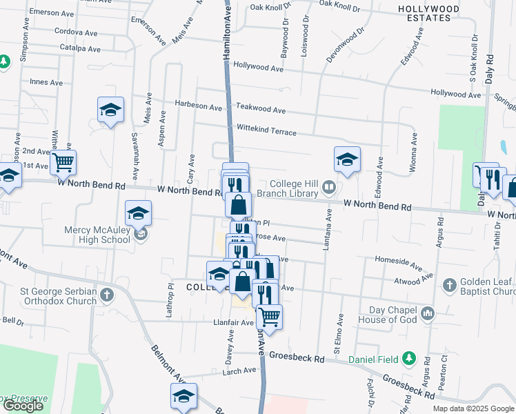 map of restaurants, bars, coffee shops, grocery stores, and more near 6122 Gladys Avenue in Cincinnati