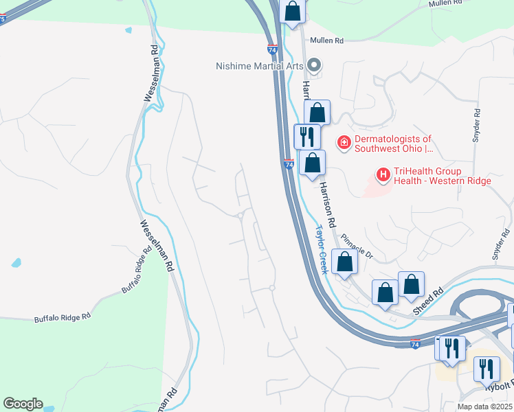 map of restaurants, bars, coffee shops, grocery stores, and more near 7876 Bridge Point Pass in Cincinnati