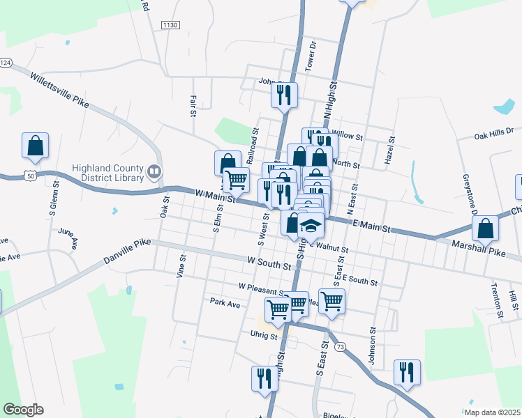 map of restaurants, bars, coffee shops, grocery stores, and more near 211 West Main Street in Hillsboro