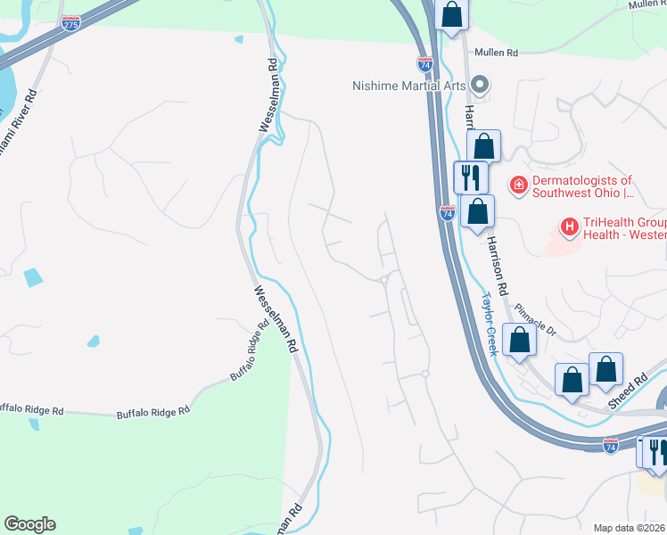 map of restaurants, bars, coffee shops, grocery stores, and more near 7401 Bridge Point Pass in Cincinnati