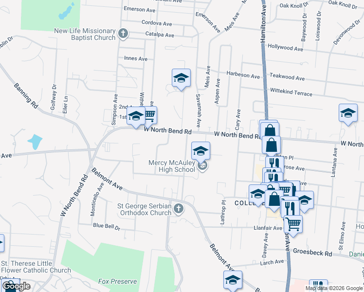 map of restaurants, bars, coffee shops, grocery stores, and more near 6059 Oakwood Avenue in Cincinnati