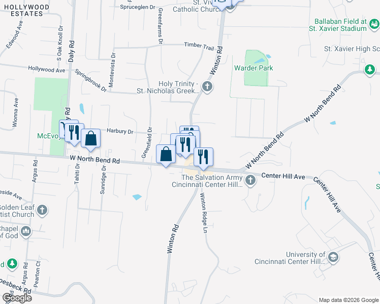 map of restaurants, bars, coffee shops, grocery stores, and more near 6531 Winton Road in Cincinnati