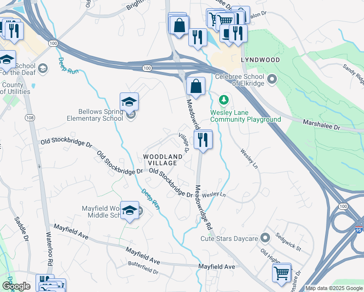 map of restaurants, bars, coffee shops, grocery stores, and more near 7928 Mayfair Circle in Ellicott City