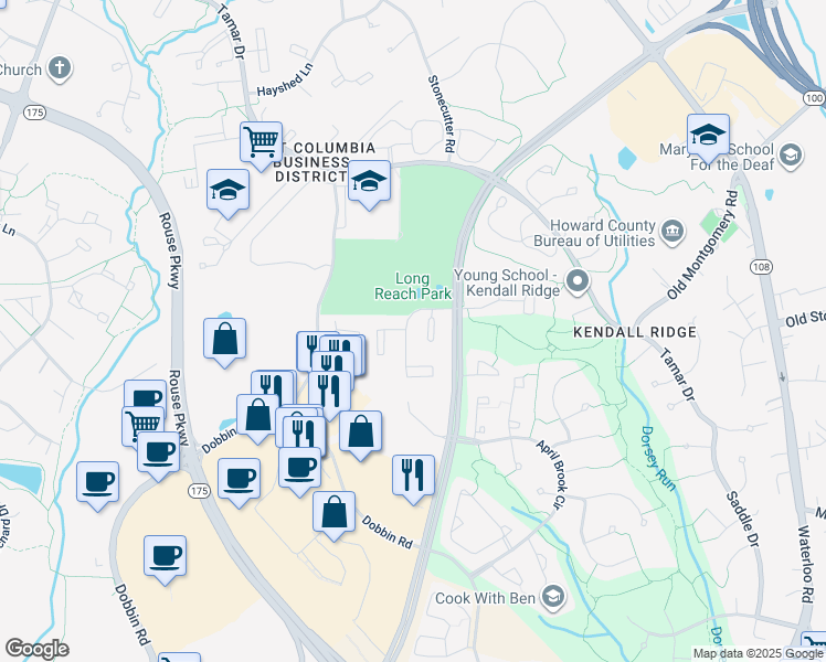 map of restaurants, bars, coffee shops, grocery stores, and more near 6203 Deep Earth Lane in Columbia