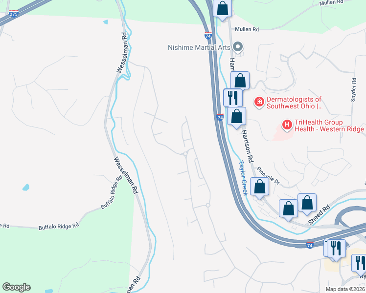 map of restaurants, bars, coffee shops, grocery stores, and more near 7384 Bridge Point Pass in Cincinnati