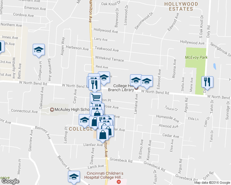 map of restaurants, bars, coffee shops, grocery stores, and more near 1501 West North Bend Road in Cincinnati