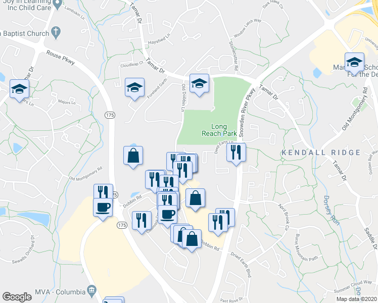 map of restaurants, bars, coffee shops, grocery stores, and more near 19 Millrace Court in Columbia