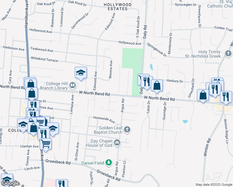 map of restaurants, bars, coffee shops, grocery stores, and more near 6201 Stella Avenue in Cincinnati