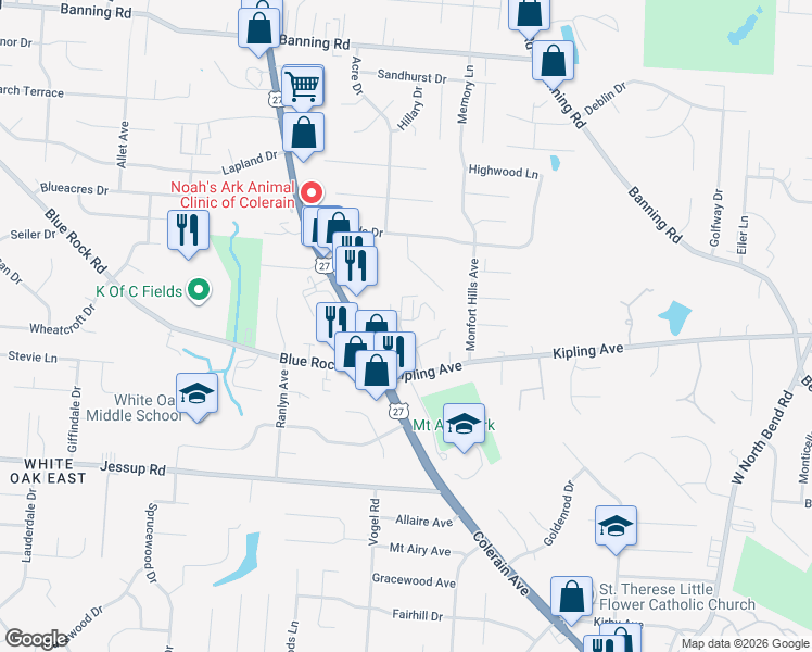 map of restaurants, bars, coffee shops, grocery stores, and more near 5856 Shadymist Lane in Cincinnati