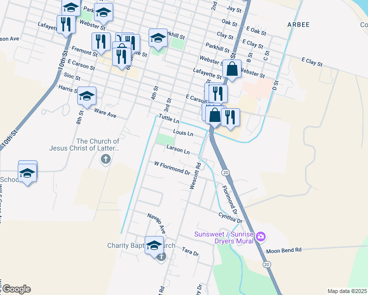 map of restaurants, bars, coffee shops, grocery stores, and more near 148 Larson Lane in Colusa