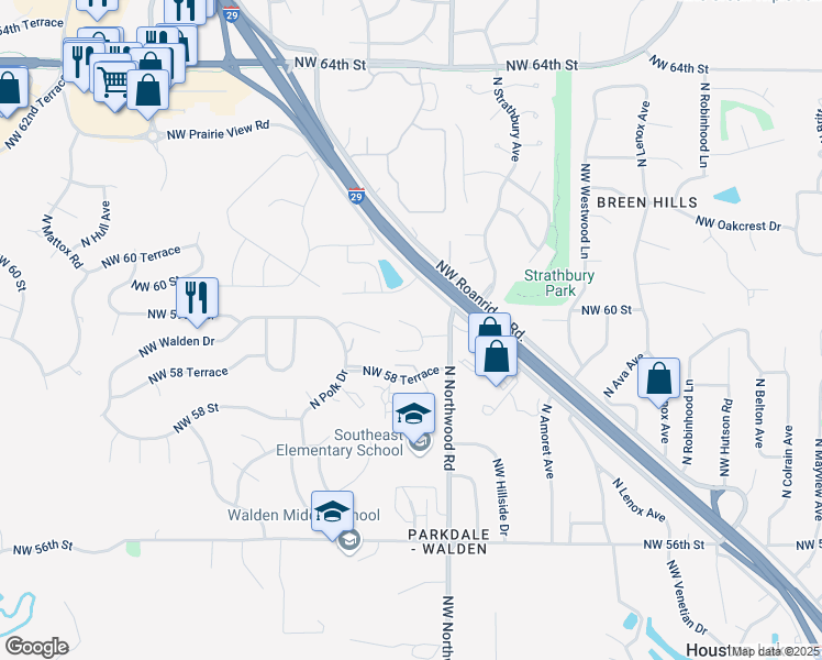 map of restaurants, bars, coffee shops, grocery stores, and more near 5951 North London Avenue in Kansas City