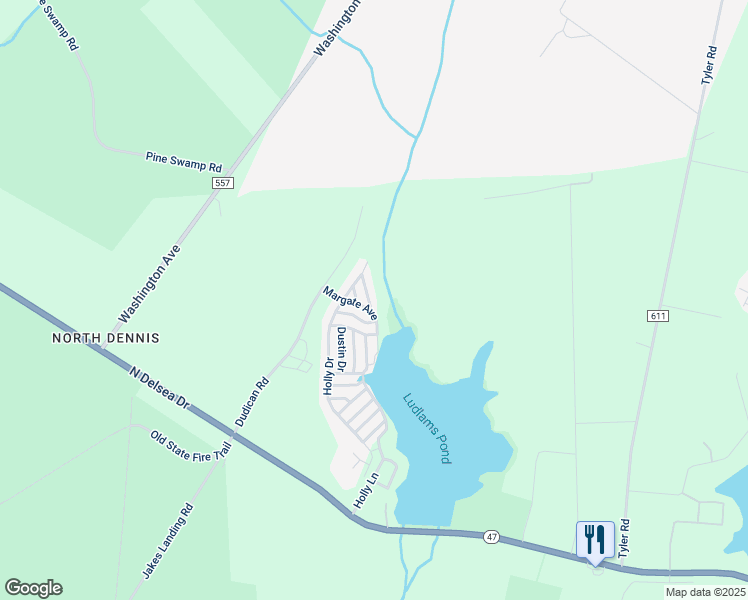 map of restaurants, bars, coffee shops, grocery stores, and more near 332 Lake Drive in Woodbine