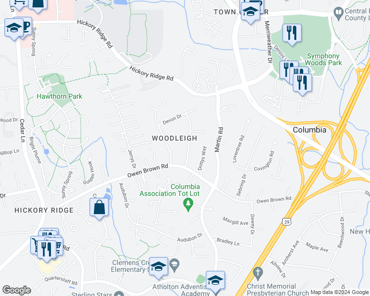 map of restaurants, bars, coffee shops, grocery stores, and more near 6172 Wooded Run Drive in Columbia