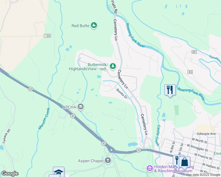 map of restaurants, bars, coffee shops, grocery stores, and more near 1432 Sierra Vista Drive in Aspen