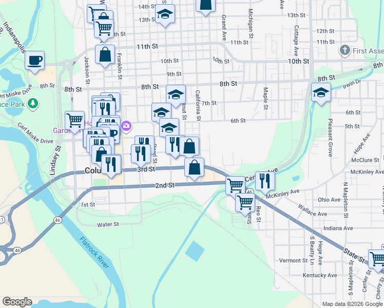 map of restaurants, bars, coffee shops, grocery stores, and more near 915 4th Street in Columbus