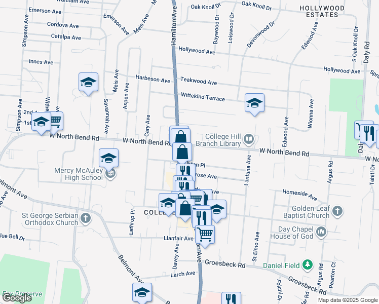 map of restaurants, bars, coffee shops, grocery stores, and more near 6122 Gladys Avenue in Cincinnati