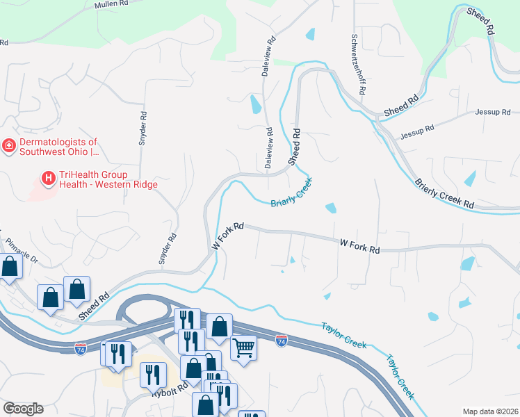 map of restaurants, bars, coffee shops, grocery stores, and more near 6452 West Fork Road in Cincinnati