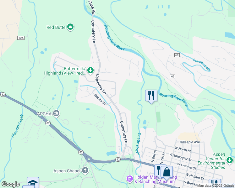 map of restaurants, bars, coffee shops, grocery stores, and more near 1230 Snowbunny Lane in Aspen