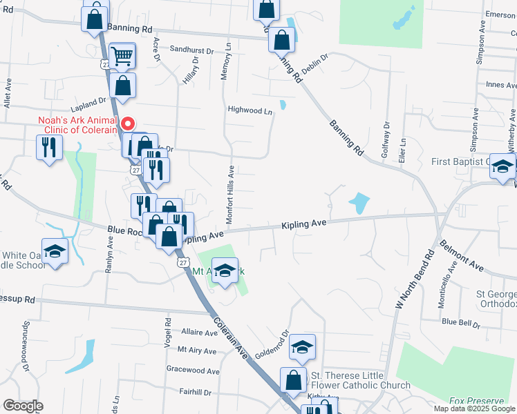 map of restaurants, bars, coffee shops, grocery stores, and more near 2500 Airy Court in Cincinnati